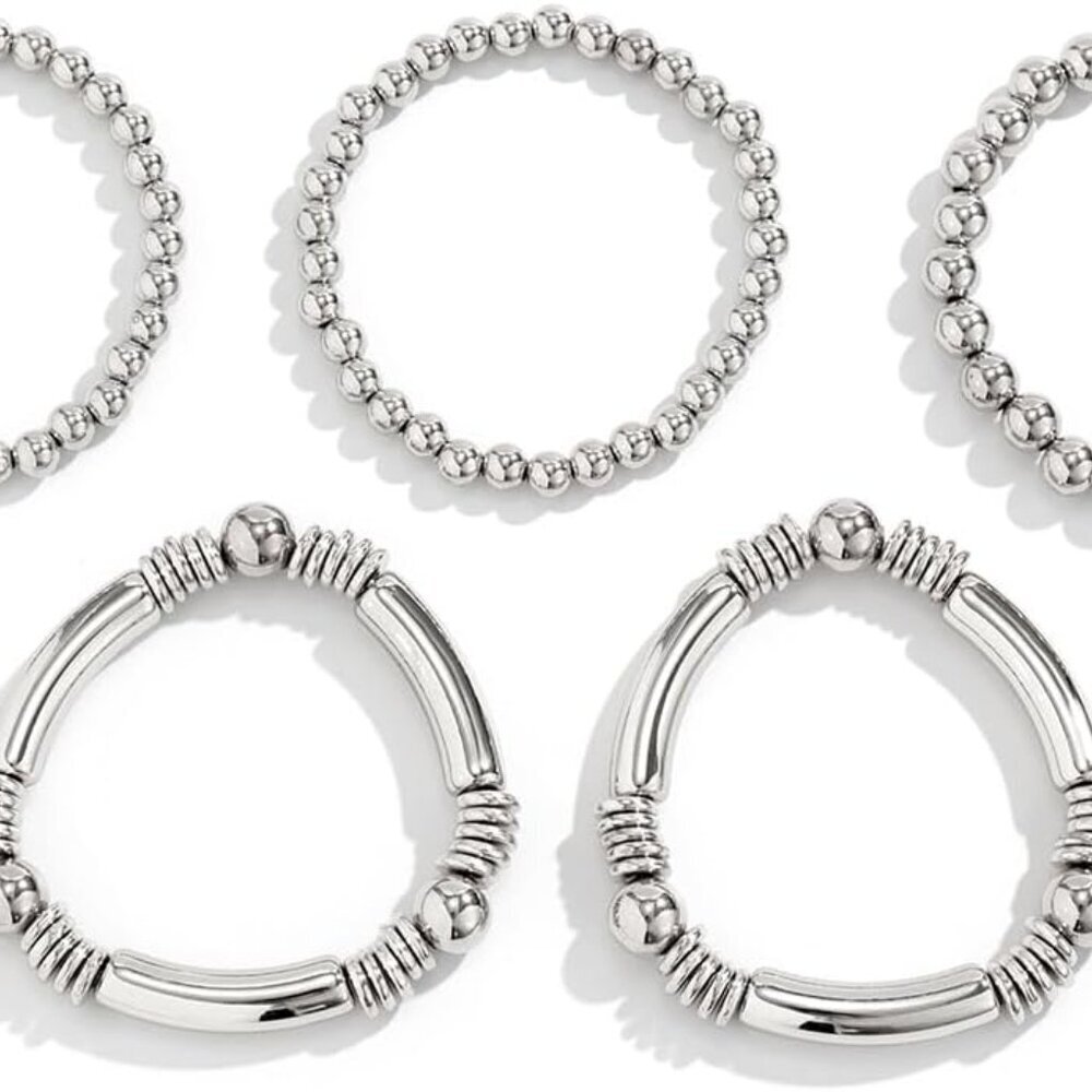 5pcs Layered Beaded Bracelets Set for Women Dainty Stretch Elastic Round Ball Be - Picture 5 of 6